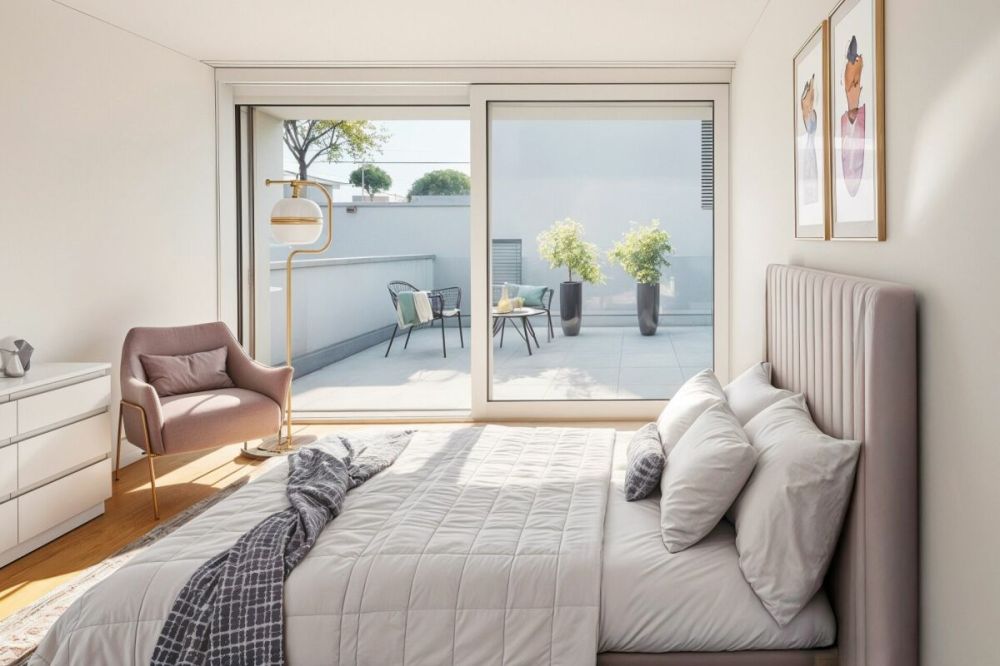 2-Etagen Terrassenhaus mit 2 Terrassen und 1 Sitzplatz - Zimmer 1 mit KI Mobiliar und Bodenbelag