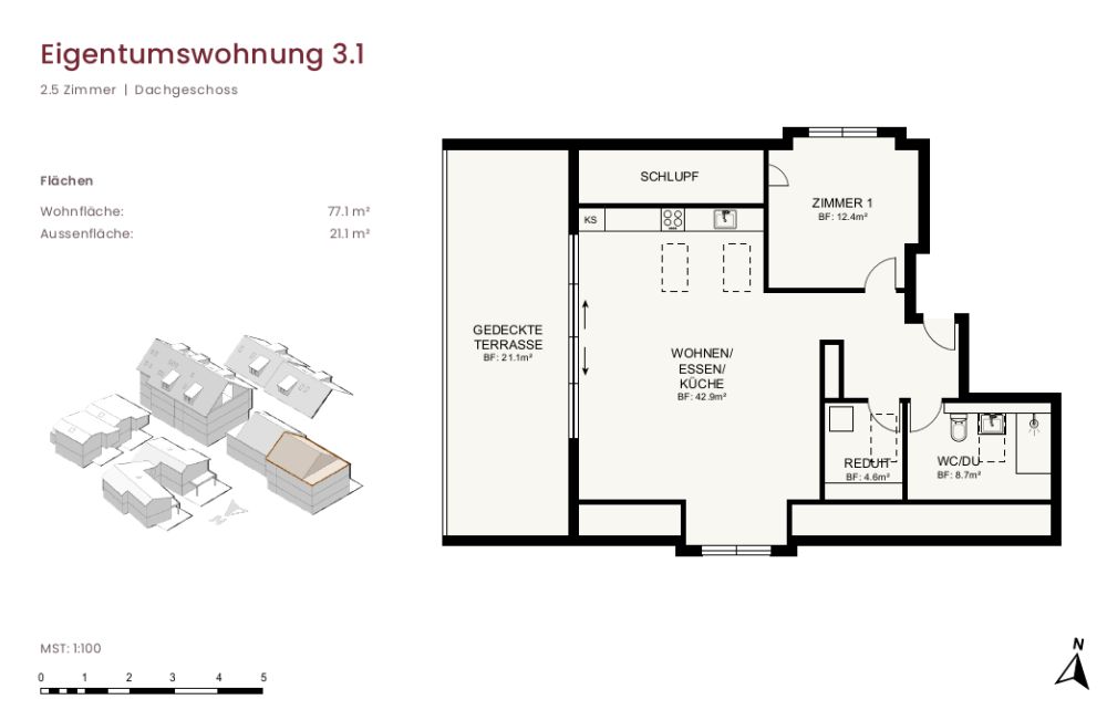 Neubauprojekt "im Gärtli" Wilchingen - 2.5-Zimmer-Dachwohnung - Grundriss