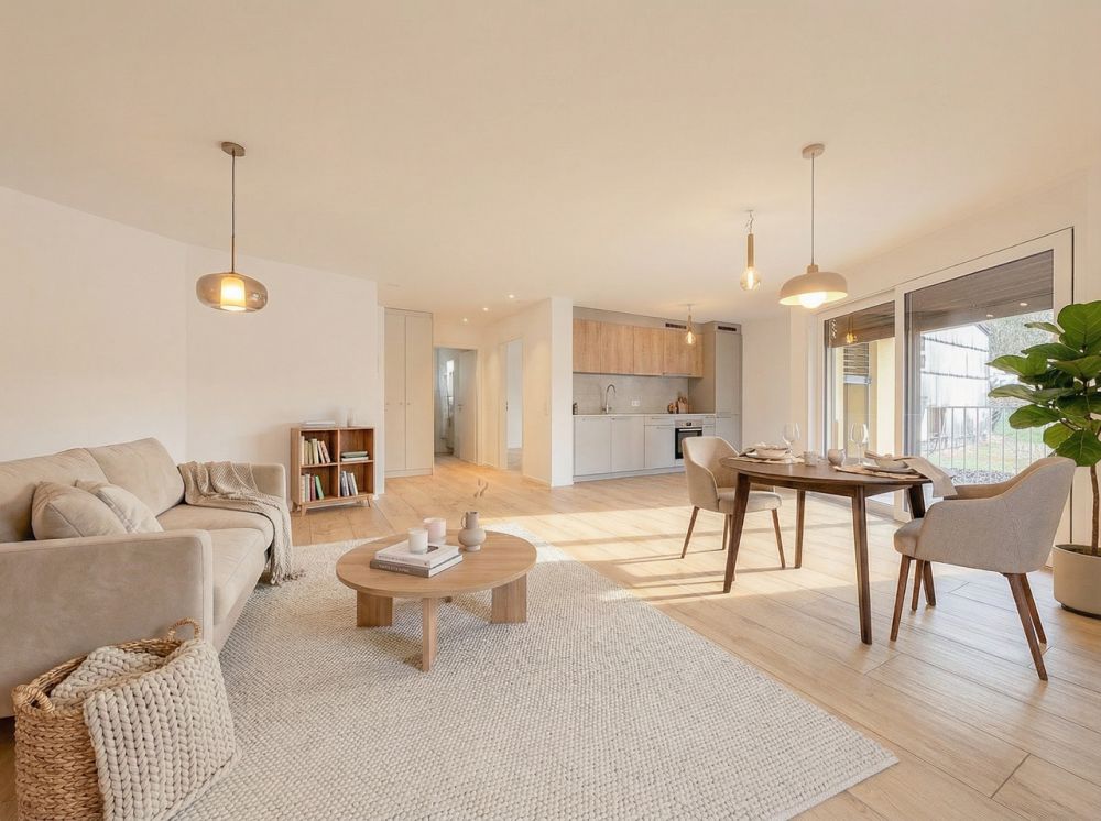 Appt PPE neu von 2,5 Zimmern mit Balkon Campagne Pernod, Lot A4 - Grande et lumineuse pièce à vivre avec des portes-fenêtres permettant d'accéder au balcon (image de synthèse)