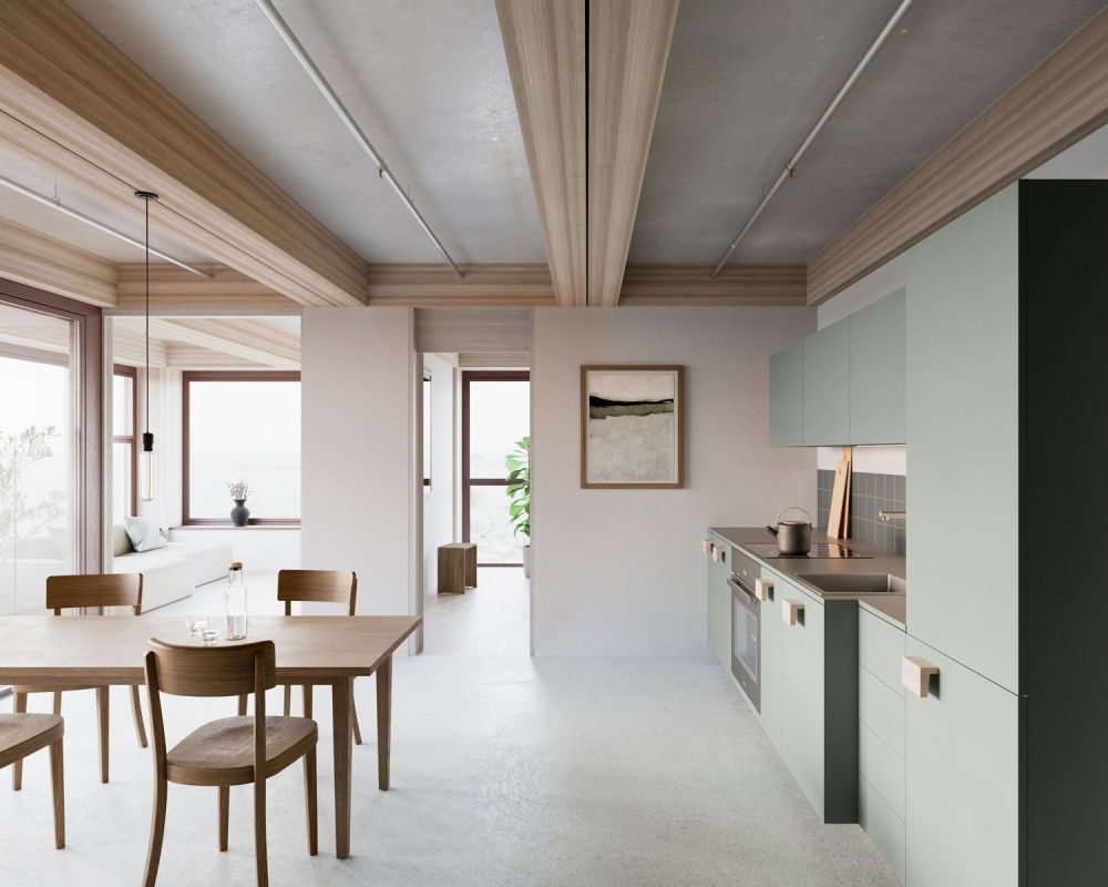 MIETEN OHNE KAUTION - Jetzt Wohnung im Holzhochhaus Besichtigen - Visualisierung Küche, Ausbauvariante Parkett-Anhydrit, Küche in Feldgrau