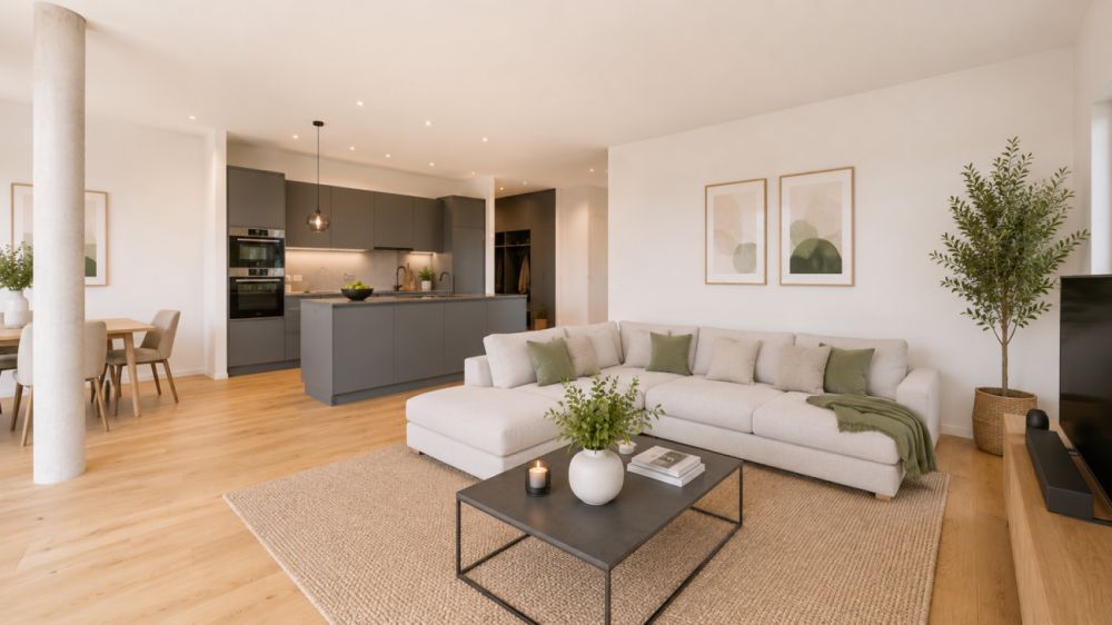 Exklusive 5.5-Zimmer-Gartenwohnung an bester Lage - Wohnzimmer mit Küche