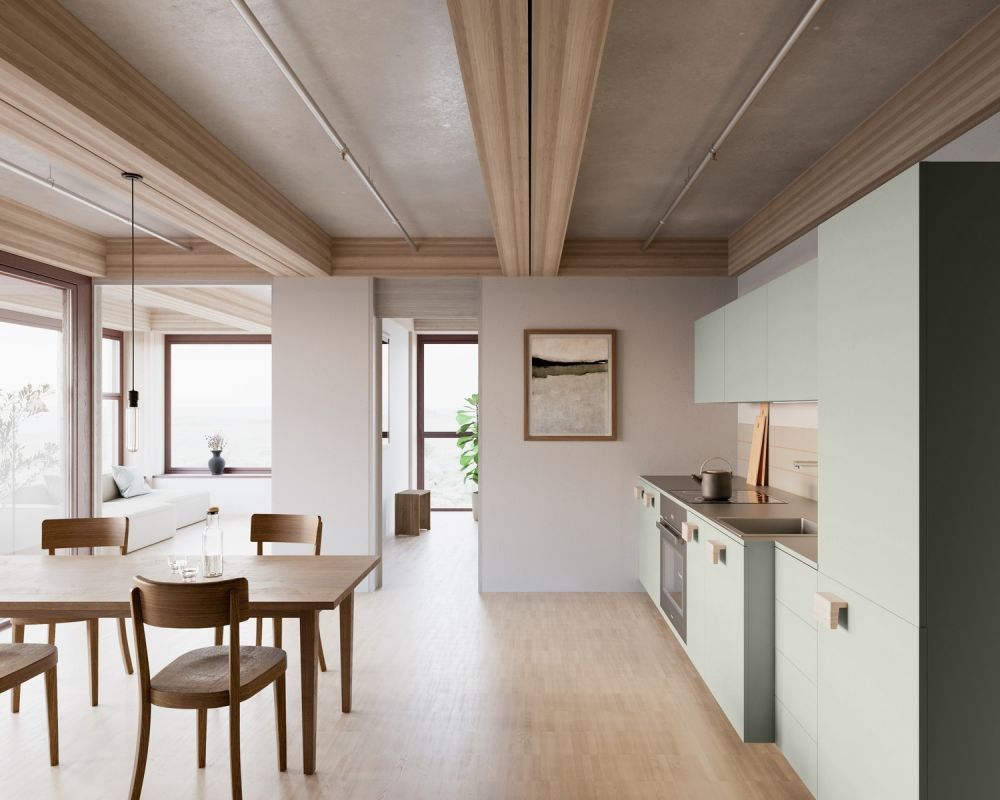MIETEN OHNE KAUTION - Jetzt Wohnung im Holzhochhaus Besichtigen - Visualisierung Küche, Ausbauvariante Parkett, Küche in Salbeigrün