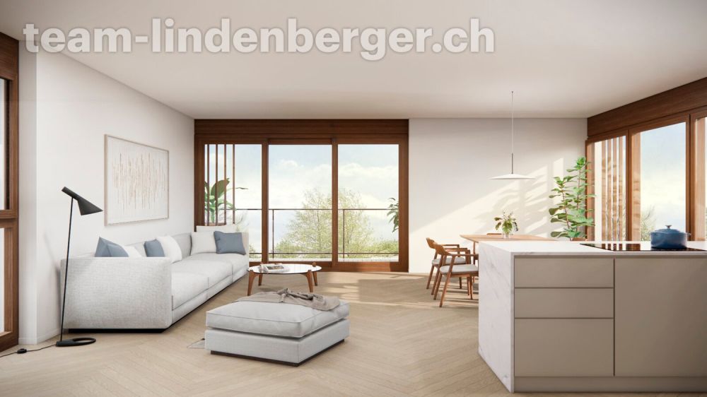 4½ Zi.-Neubauwohnung im 2. OG mit Hobbyraum und Parkplatz W3 - Aussicht auf den Balkon vom Wohnbereich W2/W3