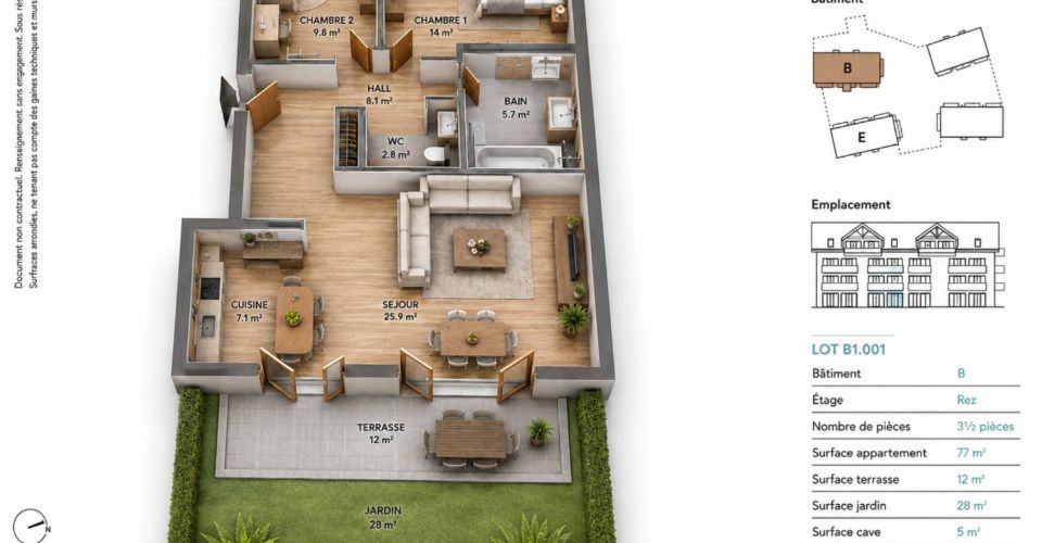 Denges - Rez-de-jardin de 3.5 pièces - 88 m² avec terrasse de 12 m² et jardin de 28 m² - Appartement 3.5 pièces - image - 1