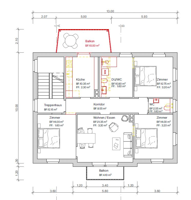 Erstbezug nach Kernsanierung: Noch 3 Moderne 4.5-Zimmer-Wohnungen mit Balkon zur Verfügung - Grundriss