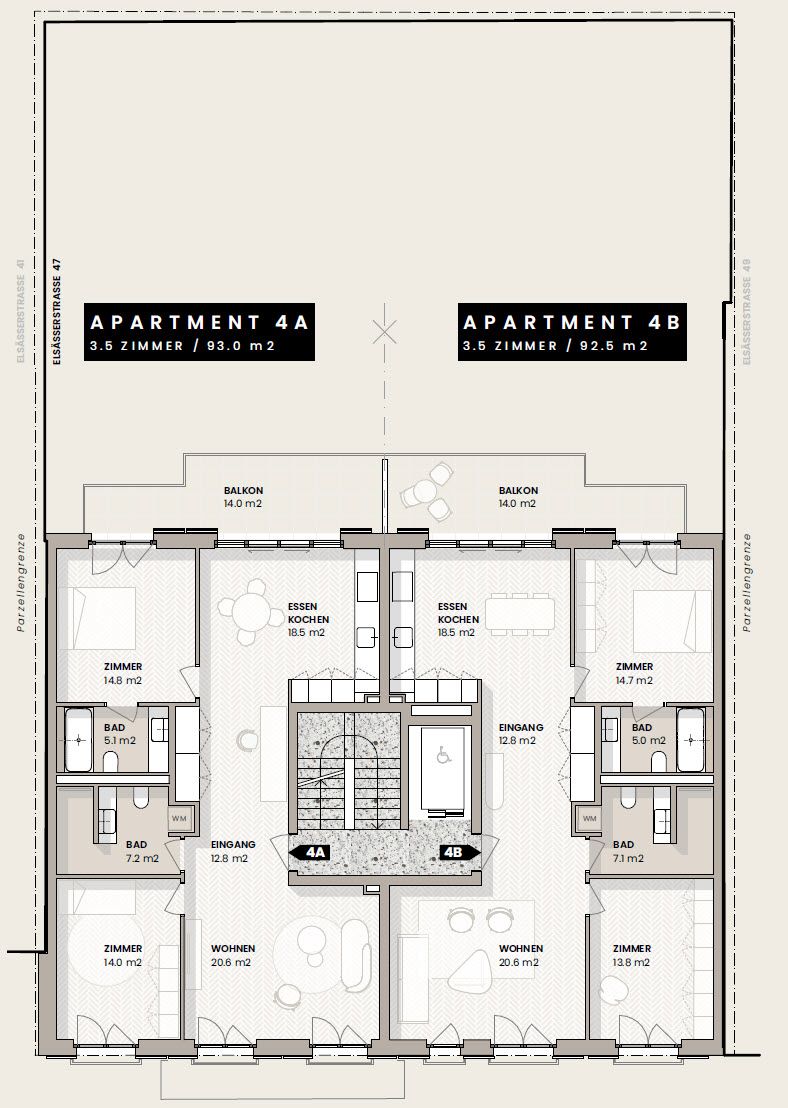 8 exklusive 3.5-Zimmer-Neubauwohnungen  urban wohnen in Basel - Grundriss 4. OG
