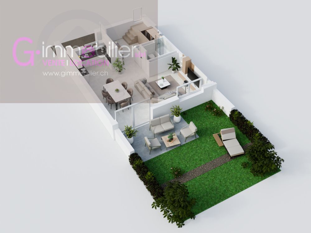 Projet unique sur les hauteurs de Monthey, dans un quartier de villas - / 3d model of a modern home or apartment with white plan and grass