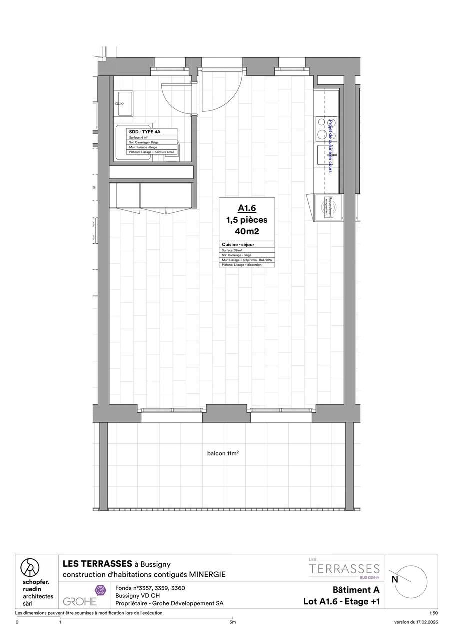 Studio de 41 m2 avec large balcon - Plan lot A1.6