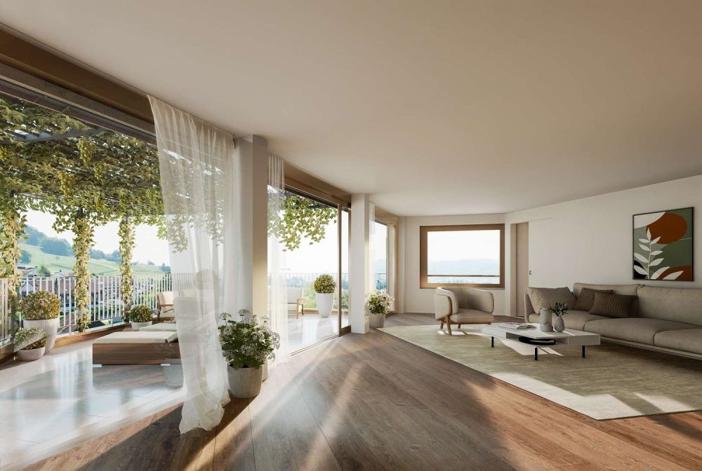 Modernes Wohnen über 2 Etagen ? 3.5-Zimmer-Maisonette ?Zu den Reben?, Weiningen - Wohnzimmer + Terrasse