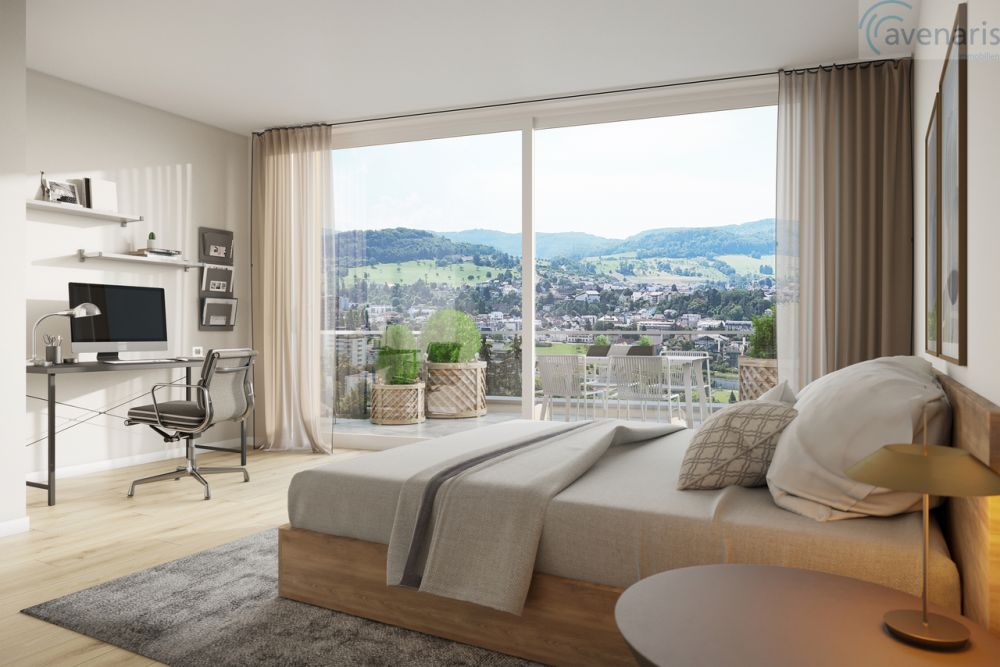 Nur noch ein Haus von drei bewilligten Premium-Reihenhäusern frei - Master-Bedroom Attikageschoss Visualisierung / Master bedroom attic floor visualization