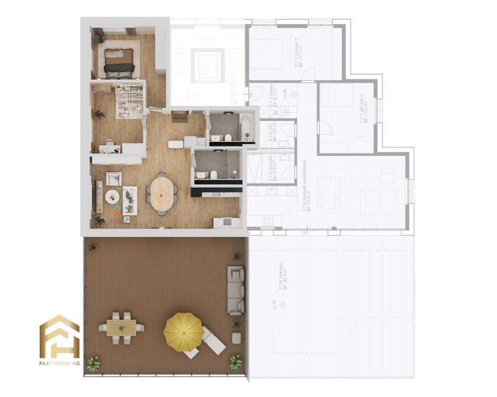 Erstbezug Attika Nord 3.5 Zimmerwohnung - Grundriss