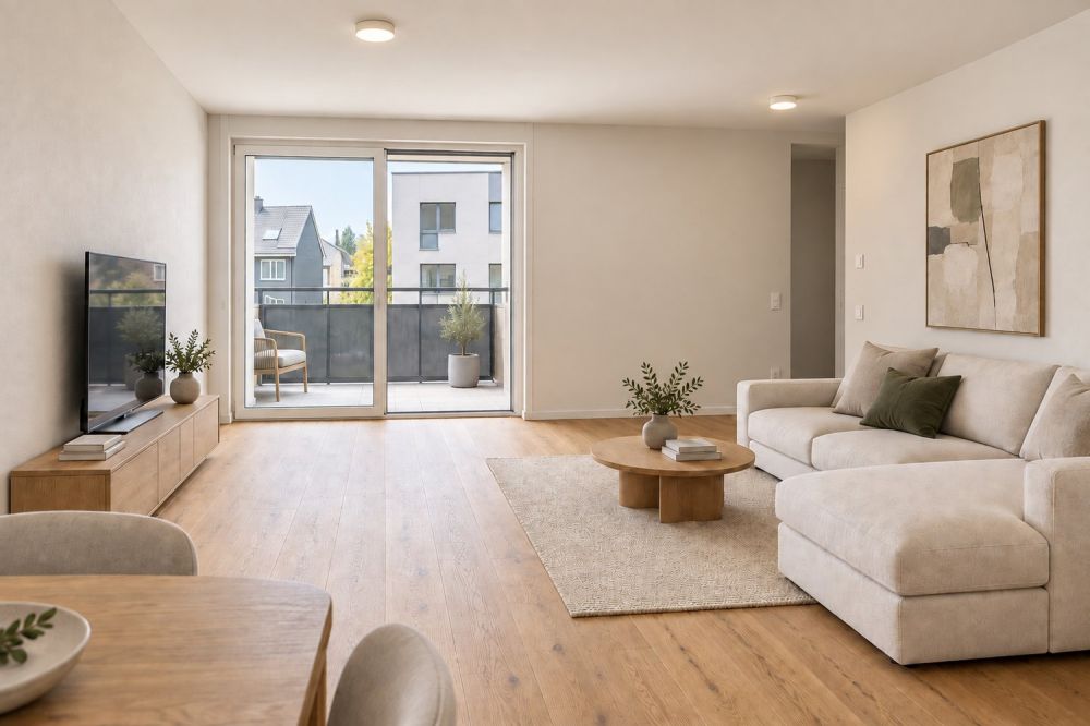 Grosszügige 3.5-Zimmer-Neubauwohnung mit 12 m² Balkon - Wohnzimmer