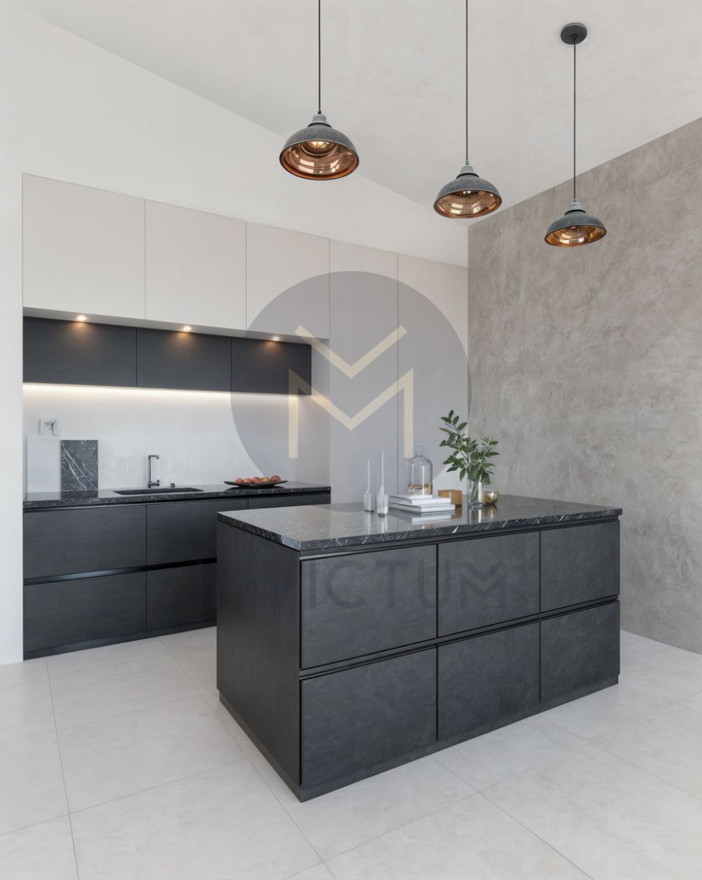 PRÄCHTIGES NEUES APARTMENT MIT SEEBLICK UND BERGSICHT IN BOTTERENS - Une cuisine moderne avec un îlot central / a modern kitchen with black cabinets and an island