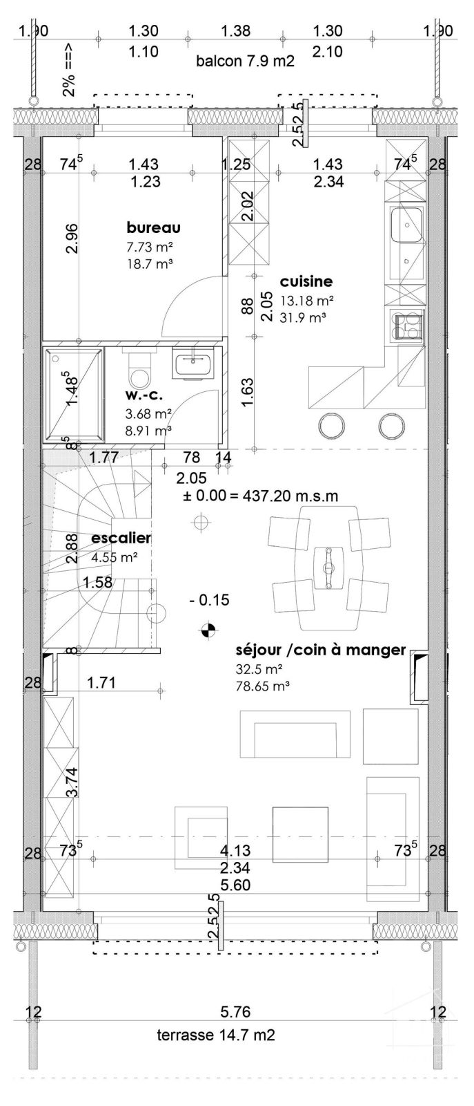 Maison mitoyenne de 4,5 pièces avec une belle vue. - Plan du rez-de-chaussée