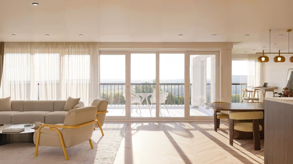 Neubau Attika-Maisonette am Heidenweg - Balcony with glass sliding doors, large windows, beige sofa, coffee table, wooden floor, hanging lamps, modern furnishings