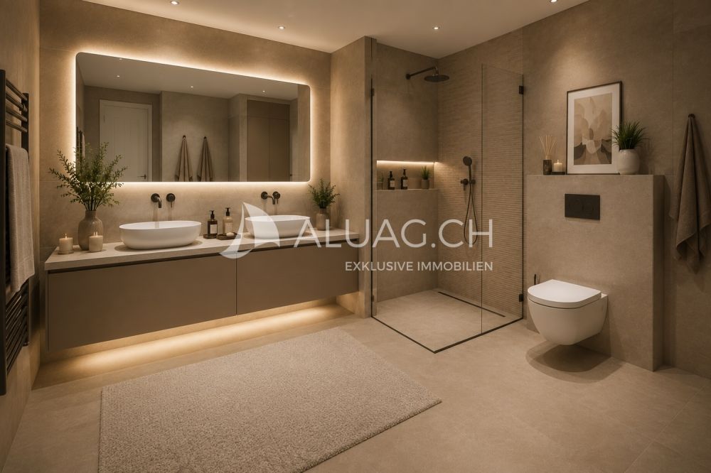 NEUBAUPROJEKT PANORAMA ATTIKA - Stilvolle Badezimmer mit klaren Linien und eleganter Architektur.
