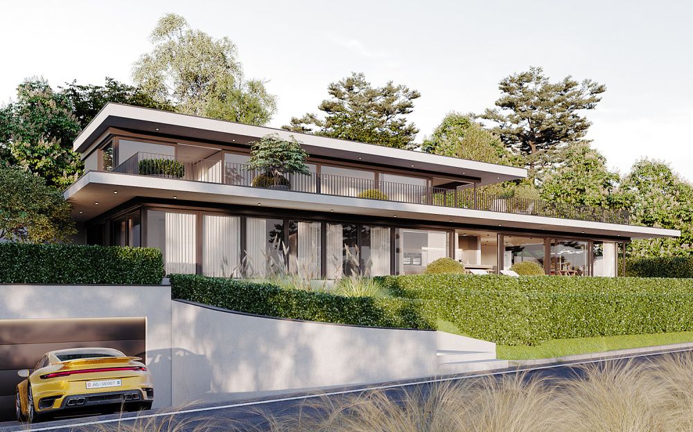 Neubauvilla mit Pool und Blick nahe Zürich. - Visualisierung Projekt - Frontansicht links