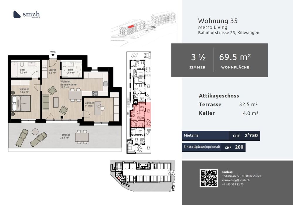 3.5-Zimmer-Attika mit grosser Terrasse in Killwangen mieten -  Bild 2