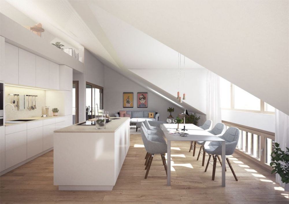 Wolkestei: 3.5-Zimmer-Wohnung im Herz der Rheinidylle - Küche mit Kücheninsel