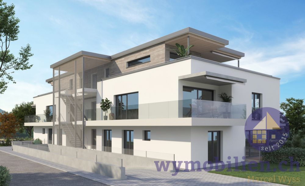 Es steht nur noch die 2.5-Zimmer-Wohnung zum Verkauf - Ansicht Nordwest mit der Einfahrt in die Einstellhalle und im Vordergrund der Balkon der 4.5 OG Whg (1090-03)