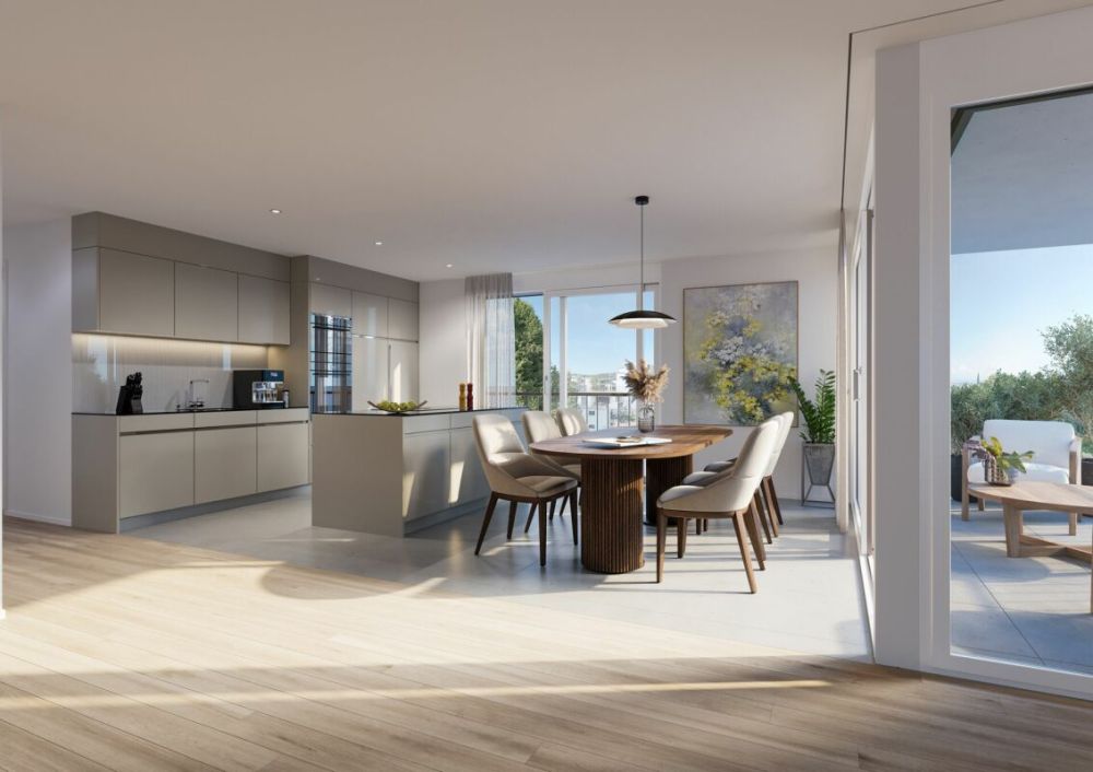 Quadro-Vista Wetzikon 4.5 Zimmerwohnung B2 - Rendering Essbereich-Küche