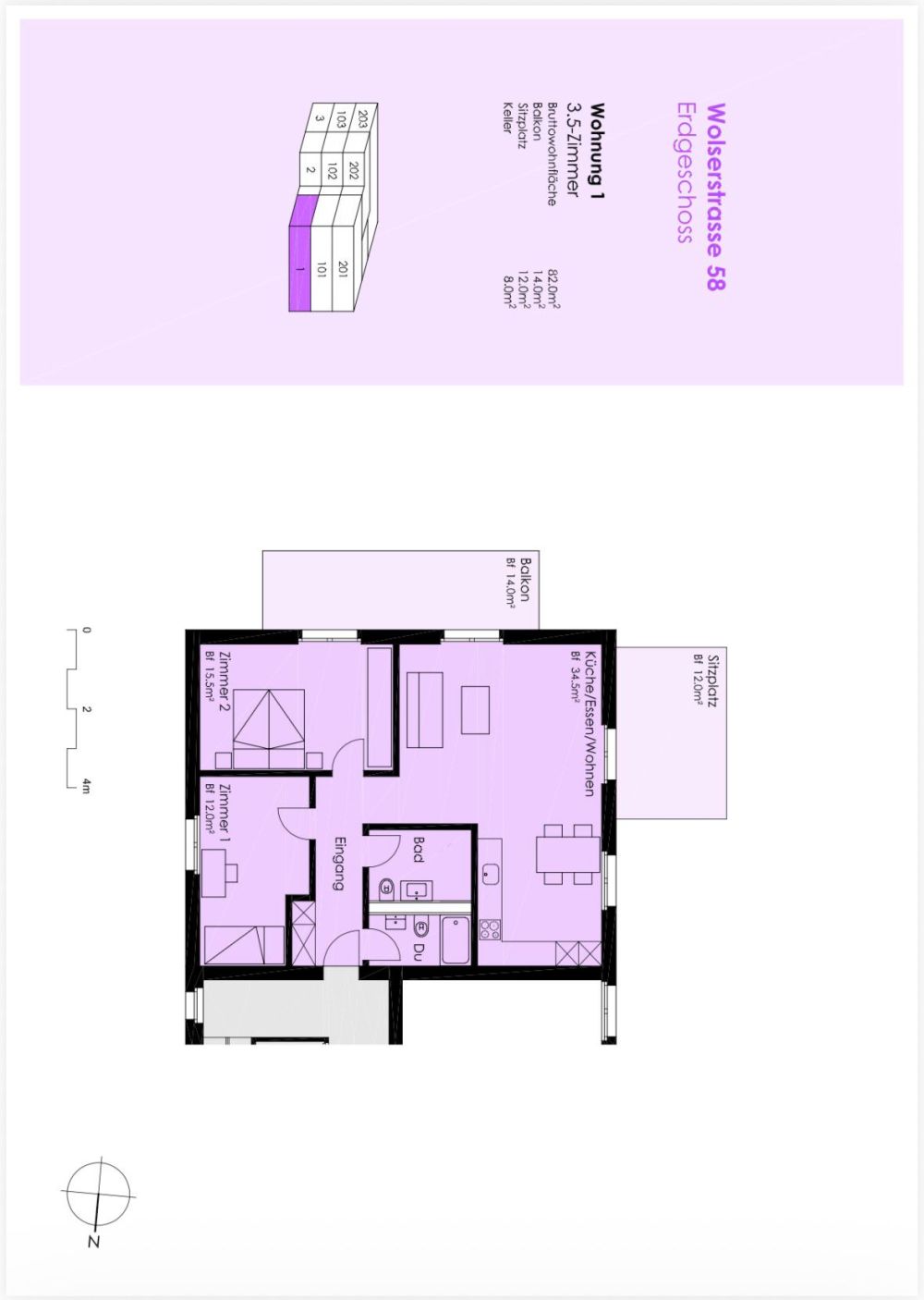 3.5 Zimmerwohnungim EG mit 82m2, Balkon 14 m2 Sitzplatz 12 m2, Richtung Süden -  Bild 3