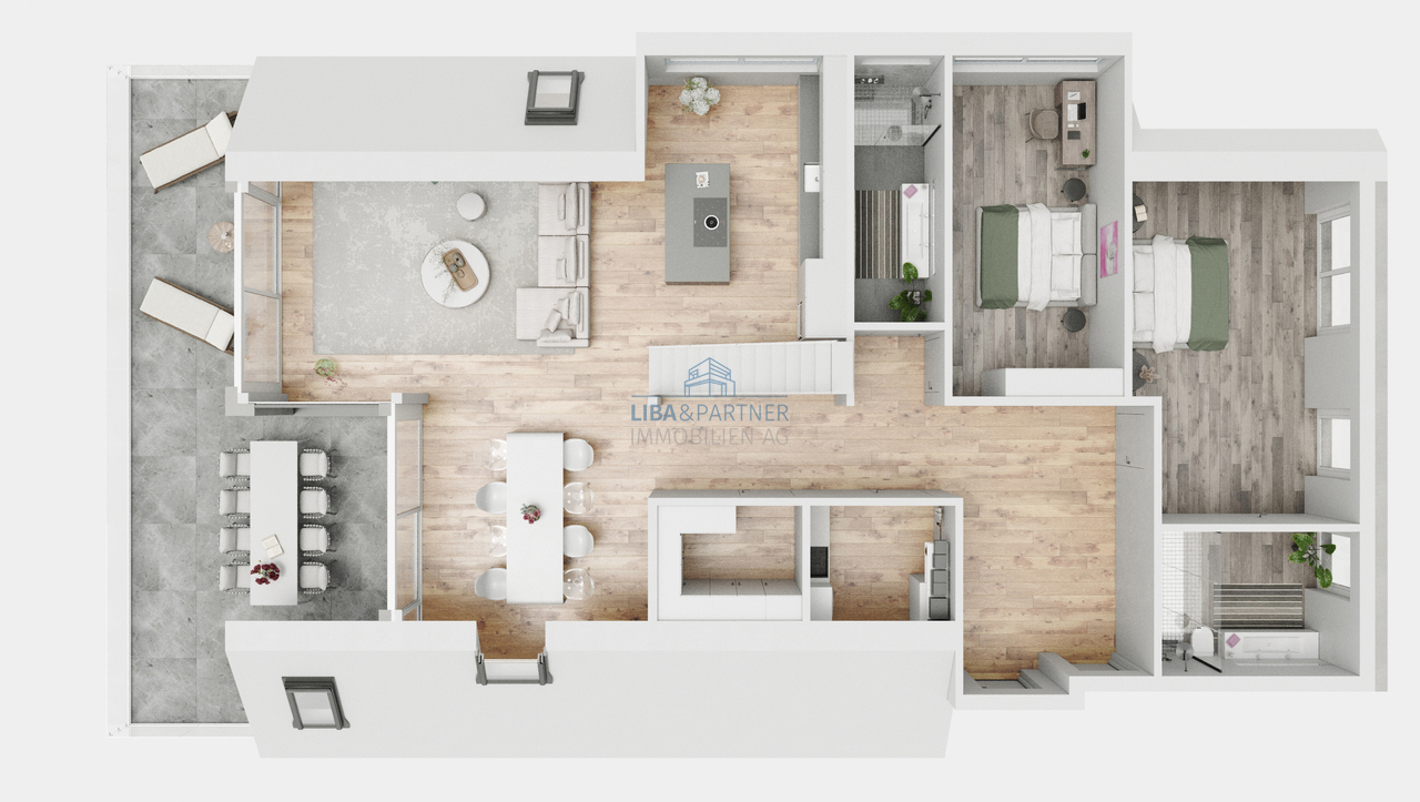 The View - Architektur, Raum & Aussicht in Perfektion - 5.5-Attika-Whg - Möblierte 3D-Grundrissdarstellung Variante 2 / Furnished 3D floor plan variant 2
