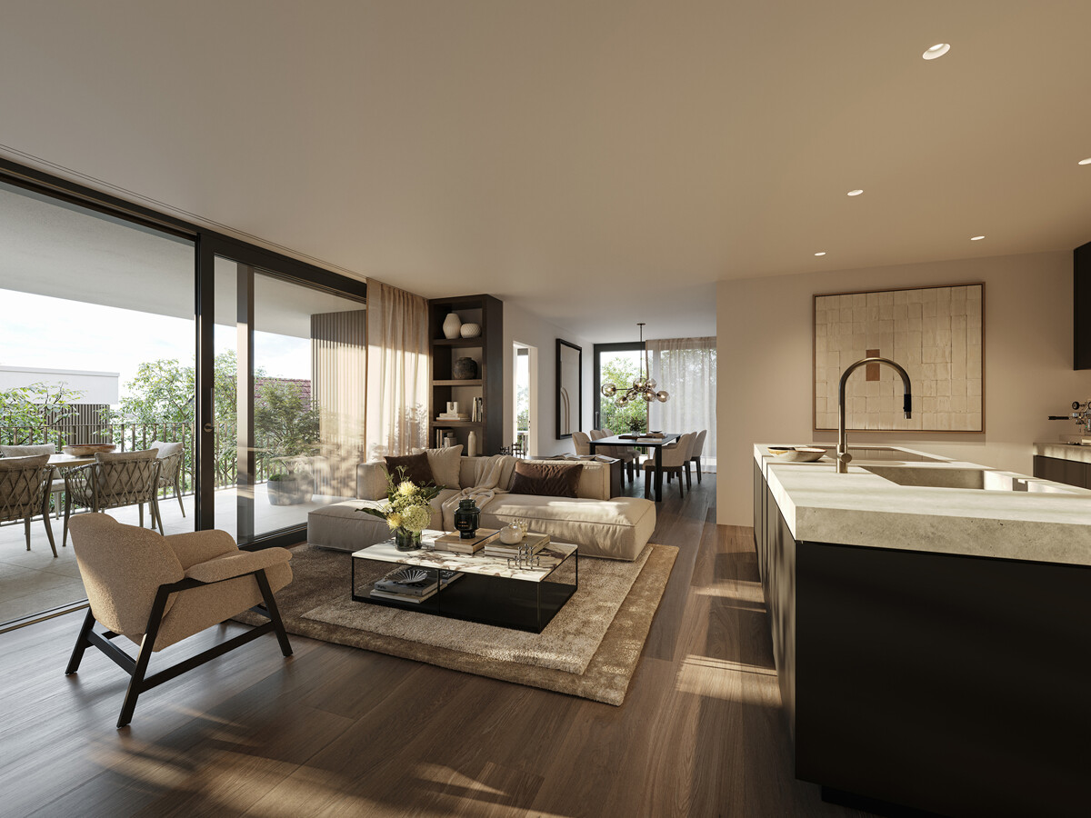 Elegante und lichtdurchflutete Neubau-Eigentumswohnung an bester Lage - Visualisierung Wohn- und Essbereich