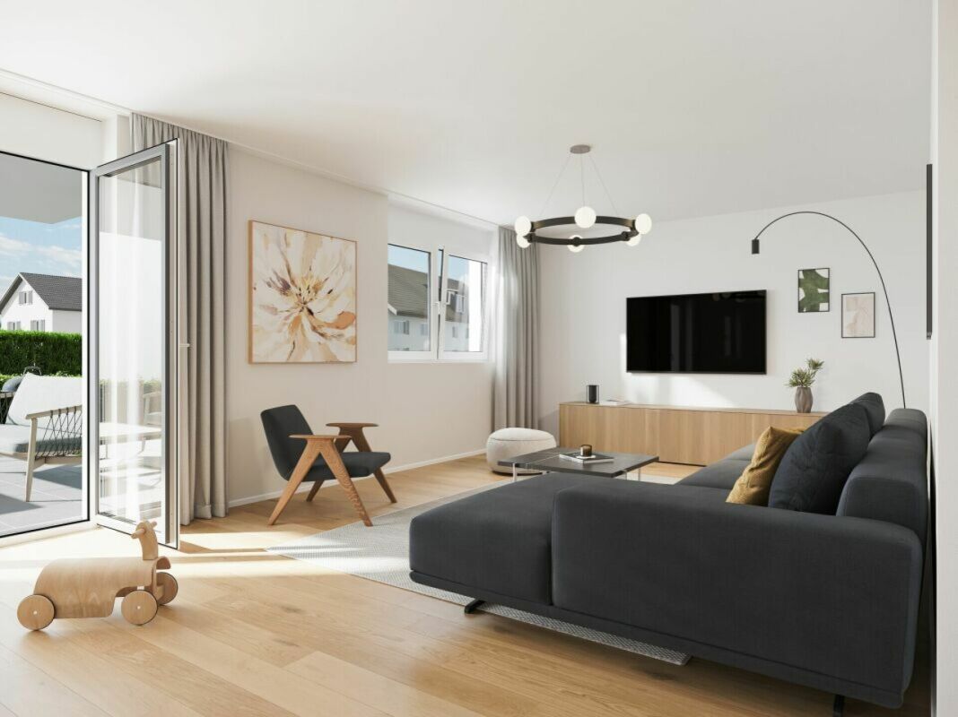 NEUBAU: GARTENPARADIES IN SÜDAUSRICHTUNG - Helles Wohnzimmer mit direktem Zugang in den Garten