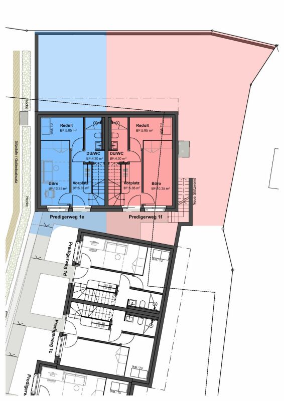 privater Rückzugsort «Am Palmenweg»: Doppeleinfamilienhäuser mit Garten - Untergeschoss mit Erschliessung, Zimmer/Büro, separatem Reduit mit Waschmaschine und Tumbler sowie Badezimmer mit bodenebener Dusche, WC und Lavabo.