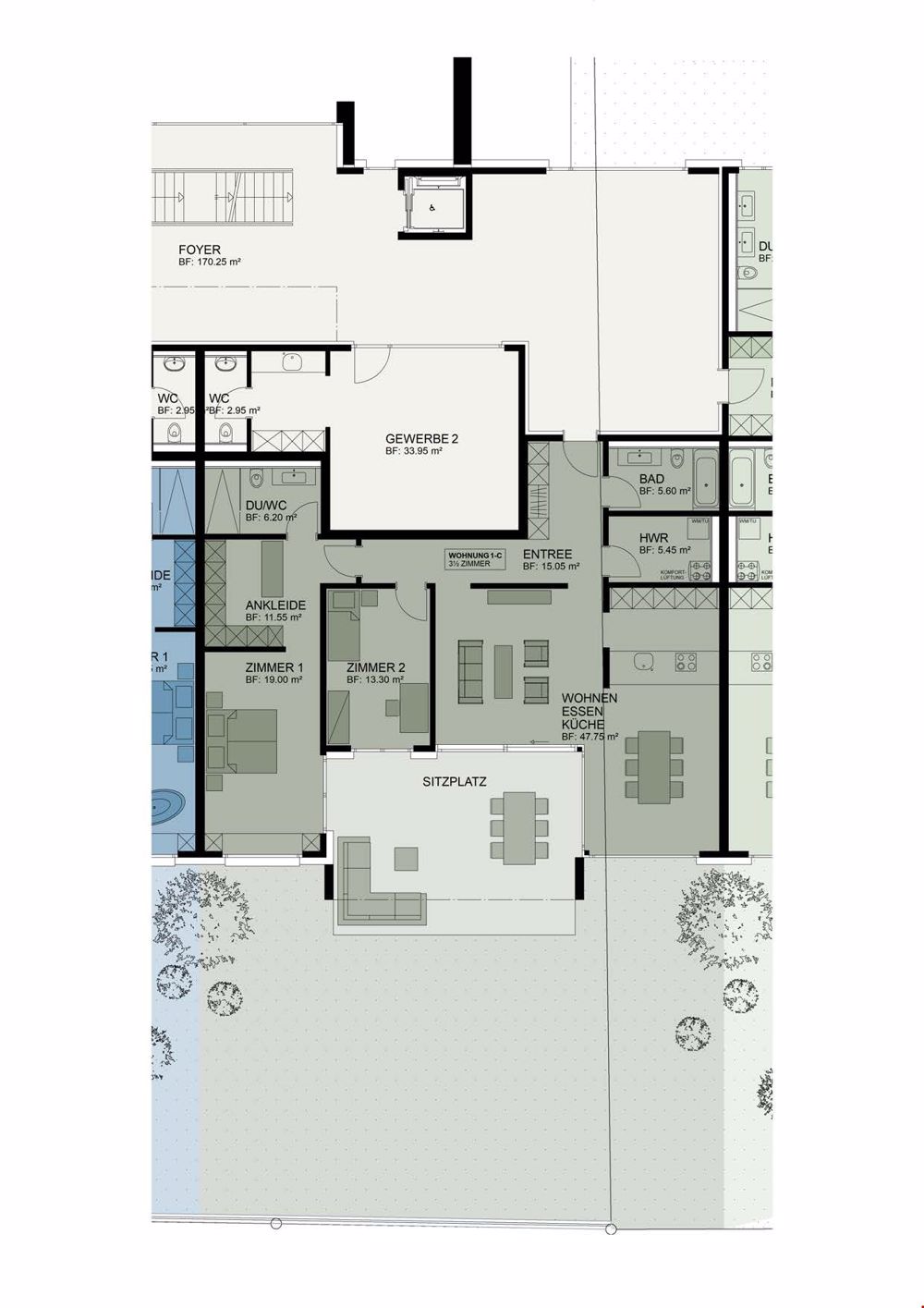 WohnResidenz L'Opéra - Spektakuläres Wohnen im Unteren Aaretal - 3.5 Zimmer-Garten-Wohnung EG (1-C)