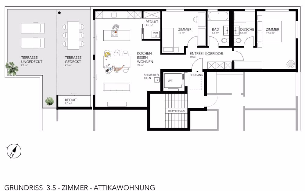 3.5 Zimmer-Attikawohnung - Bergsicht pur - Grundriss