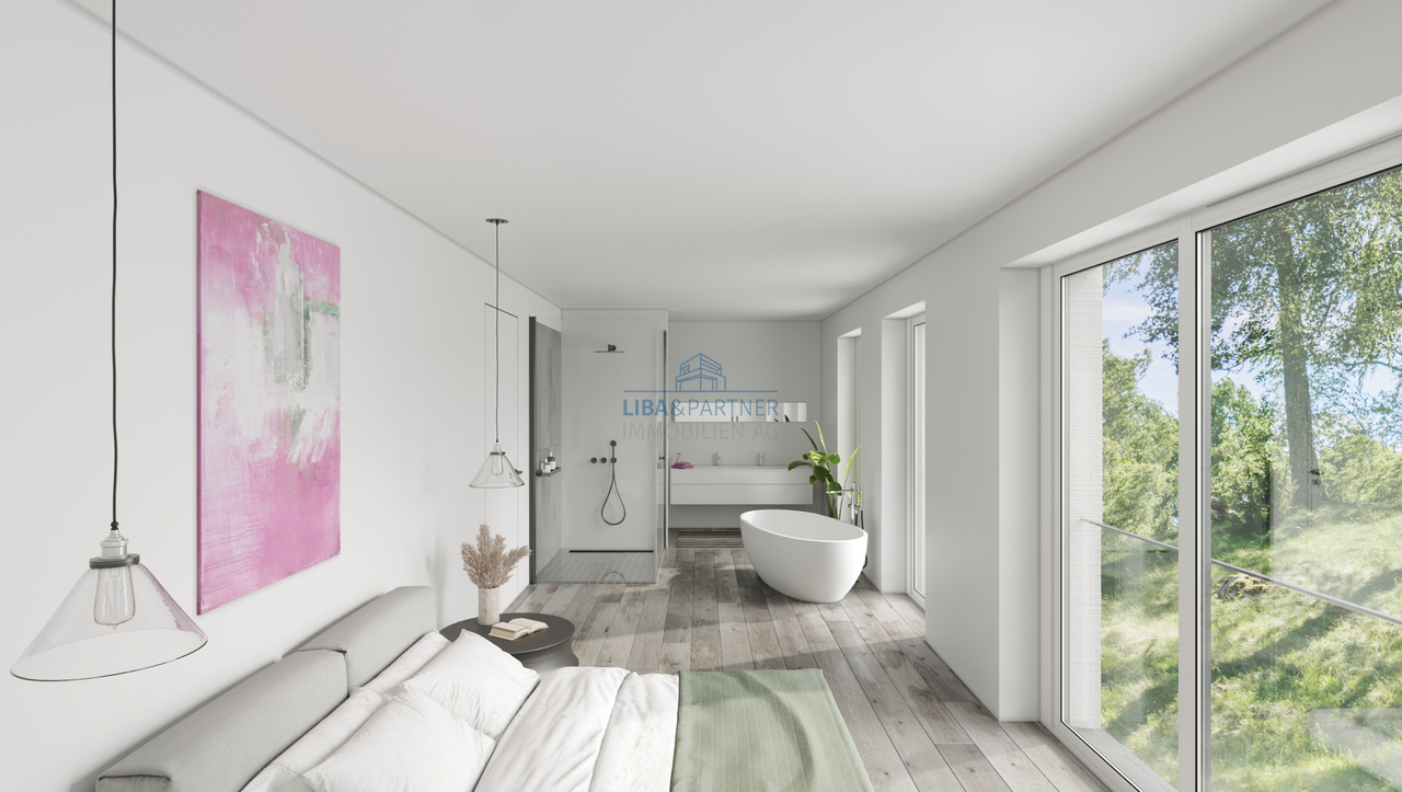 The View - Architektur, Raum & Aussicht in Perfektion - 5.5-Attika-Whg - Masterschlafzimmer mit Bad en Suite / Master bedroom with en suite bathroom