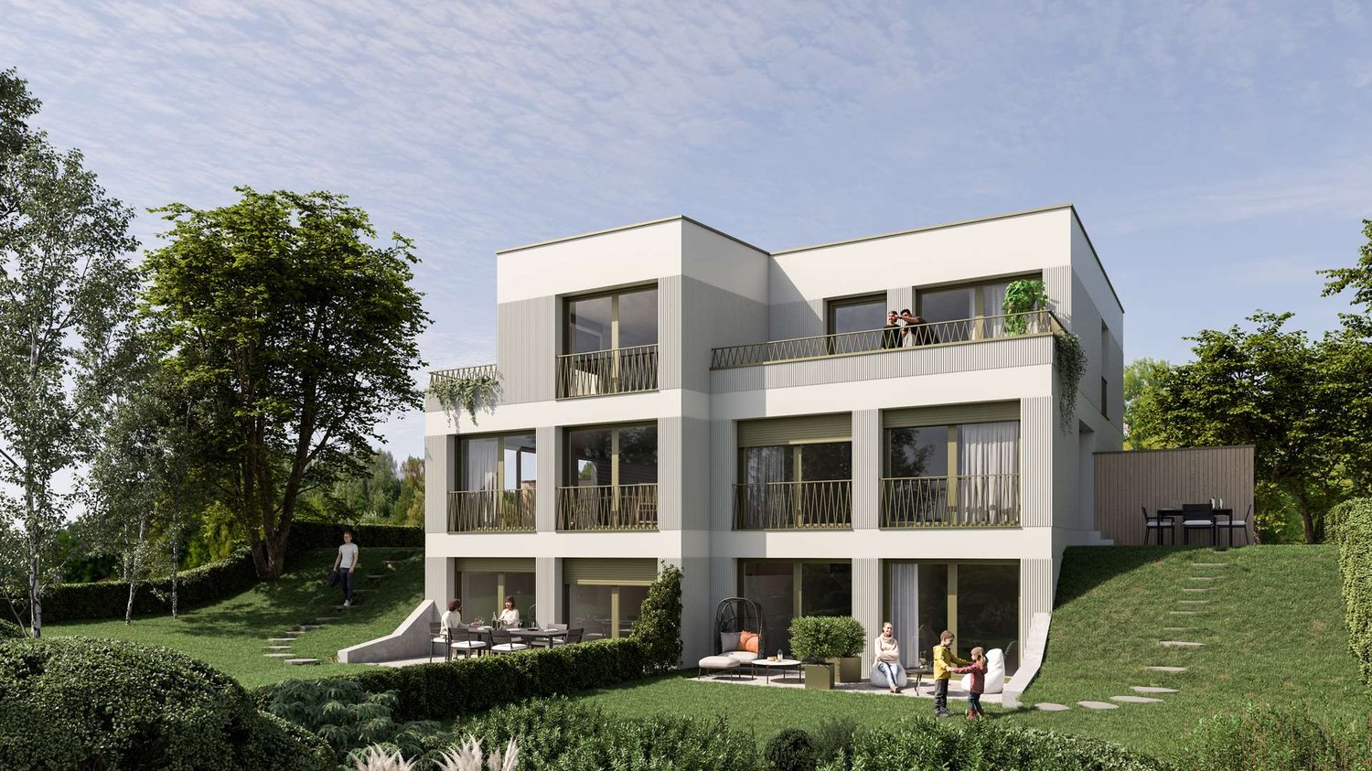 Neubau 4.5 Zimmer-Doppeleinfamilienhaus in Wallisellen mit aussergewöhnlicher Architektur - Gartenansicht