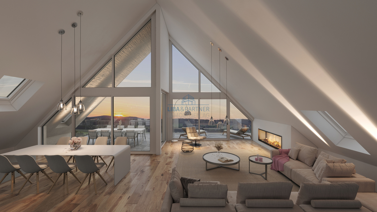 The View - Architektur, Raum & Aussicht in Perfektion - 5.5-Attika-Whg - Wohn- Essbereich mit Abendstimmung / Living and dining area with evening atmosphere