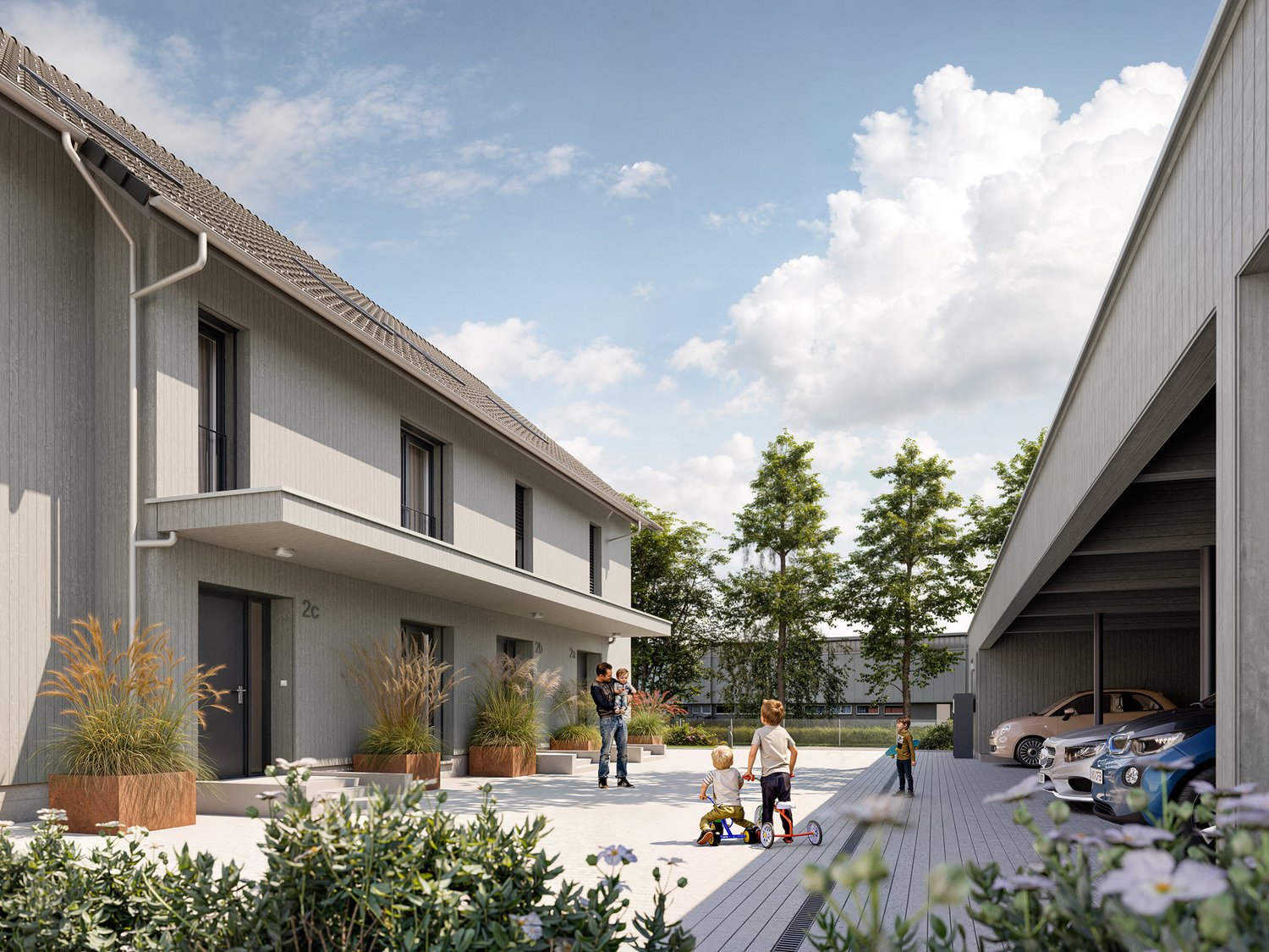 Bereit für's Eigenheim? - Neubau 6-Zimmer-Haus in Buchrain - Der gemeinsam genutzte Hausvorplatz bietet Platz für Spiel und Begegnung