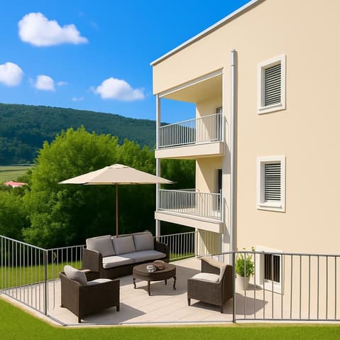 Appartement neuf 3,5 pièces au rez avec aménagement perso - balcon et jardin - Apartment building with beige walls, multiple balconies, patio with outdoor furniture, a sofa, a table, an umbrella and a plant in a pot.