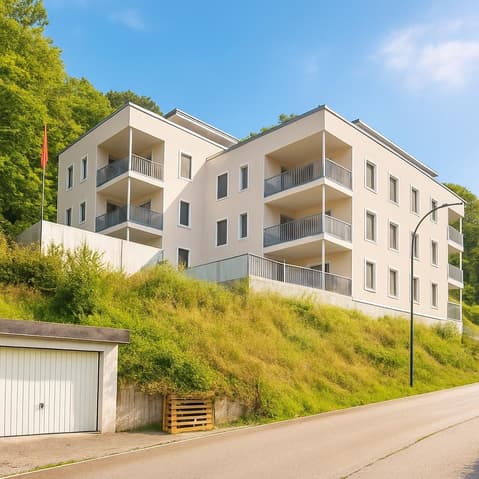 Appartement neuf 3,5 pièces au rez avec aménagement perso - balcon et jardin - Modern building with white facade, multiple balconies, underground garage, and set on a hill.