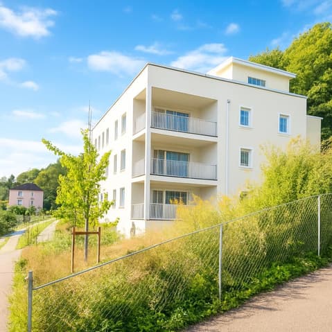 Appartement neuf 3,5 pièces au rez avec aménagement perso - balcon et jardin - 4 story building, balcony, metal fence, concrete walkway, lush vegetation, pink house in the background.