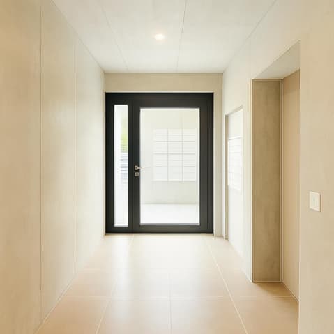 Appartement neuf 3,5 pièces au rez avec aménagement perso - balcon et jardin - Entryway with tiled flooring, white walls, black framed glass door with a silver handle.