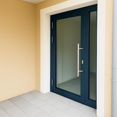 Appartement neuf 3,5 pièces au rez avec aménagement perso - balcon et jardin - tiled floor, blue double doors, metal handle, glass panel