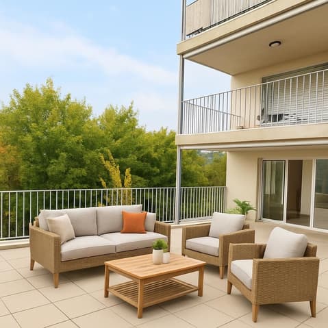 Appartement neuf 3,5 pièces au rez avec aménagement perso - balcon et jardin - Balcony with wicker sofa, chairs, coffee table, plants, and balcony railing with metal posts