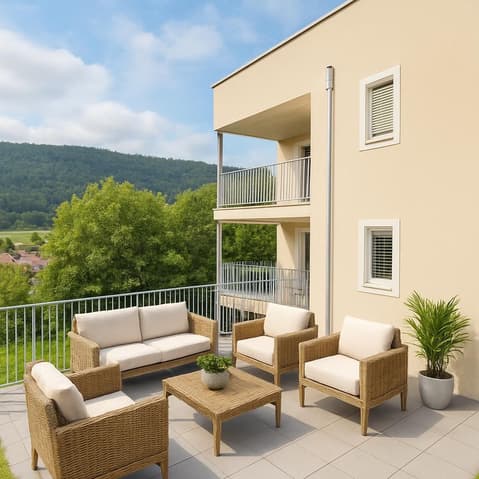 Appartement neuf 3,5 pièces au rez avec aménagement perso - balcon et jardin - Balcony with white sofa, side tables, chairs, potted plants, fence, tile flooring