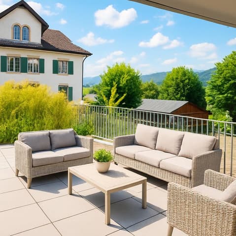 Appartement neuf 3,5 pièces au rez avec aménagement perso - balcon et jardin - Balcony with outdoor furniture, table, potted plant, metal railing, distant house, and greenery