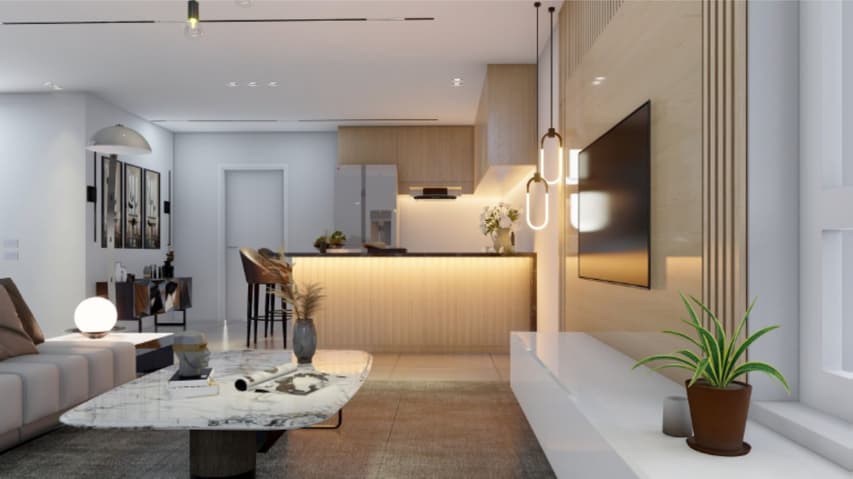 Appartement neuf 3,5 pièces au rez avec aménagement perso - balcon et jardin - modern living room with gray couch, marble coffee table, and white entertainment unit. Center piece plant, flat screen TV mounted on wall, and modern lighting. White and light grey color scheme.