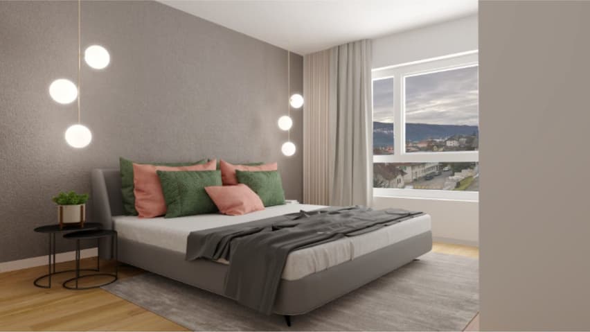 Appartement neuf 3,5 pièces au rez avec aménagement perso - balcon et jardin - gray bed, two nightstands with plants, carpet, pendant lights, window, gray wall