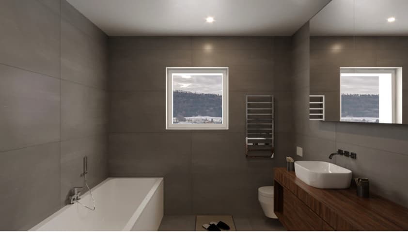 Appartement neuf 3,5 pièces au rez avec aménagement perso - balcon et jardin - Spacious bathroom with tub, sink, toilet, wooden cabinet, window with view