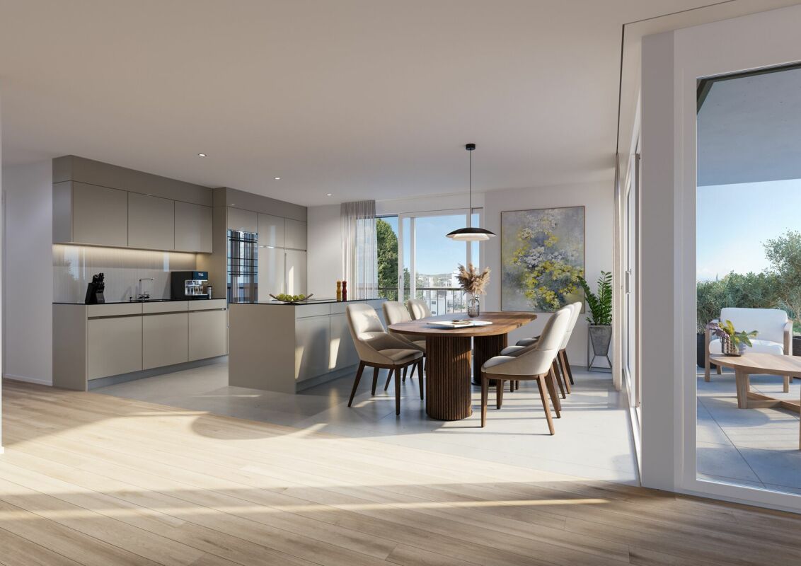 Quadro-Vista Wetzikon 4.5 Zimmerwohnung B1 - Rendering Essbereich-Küche