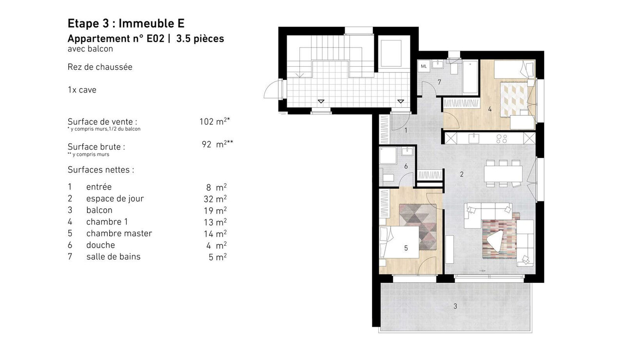 Appartement 3.5 pièces neuf (rez supérieur) - Lens - Plans de l'appartement - Frâne E02 / Apartment plans - Frâne E02 / Piani dell'appartamento - Frâne E02
