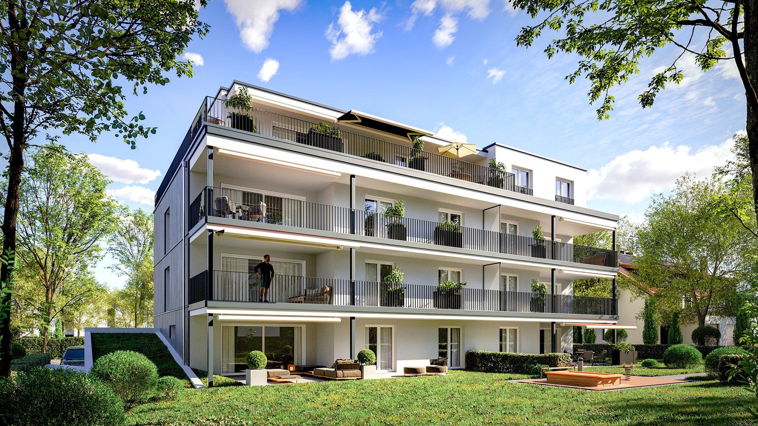 3.5-Zimmer-Gartenwohnung mit durchdachtem Grundriss - Visualisierung Balkonseite